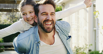 Buy stock photo Love, dad or daughter in backyard with piggyback, trust or bonding together on summer break. Family, playful or people with connection, healthy relationship or child development in spring holiday.