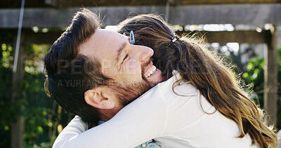 Buy stock photo Love, dad or daughter in park with hug, trust or bonding together on summer break. Family, connection or people with embrace, healthy relationship or childhood development in spring getaway.