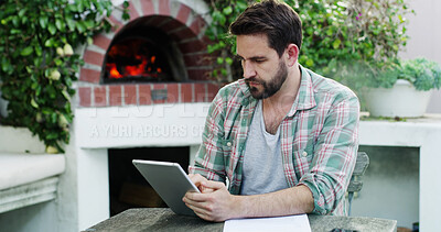 Buy stock photo Man, finance and scroll with tablet or documents for expenses or online bills by fireplace. Male person, reading or checking with technology, app or invoice for financial planning, budget or audit