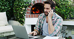 Man, outdoor and phone call with laptop for remote work, journalism and news report research. Technology, discussion and typing in backyard with computer, contact or proposal for freelance writing