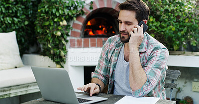 Buy stock photo Man, outdoor and phone call with laptop for remote work, journalism and news report research. Technology, discussion and typing in backyard with computer, contact or proposal for freelance writing