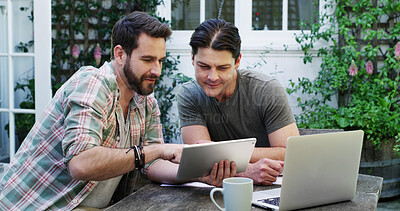 Buy stock photo Backyard, men and friends with tablet, relax and reading together with website info. Outdoor, technology and people with smile, connection and happiness with network, email notification and talking