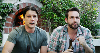 Buy stock photo Television, suspense and friends outdoor with beers for movie, sports game or show in home. Backyard, drink and people watching tv with alcohol, film and bonding with media or streaming subscription