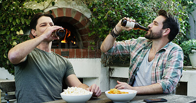 Buy stock photo Friends, snacks or men in backyard with beer, connection or bonding together in reunion celebration. Social, appetizer or people at house with alcohol, relax or fun time in healthy relationship.