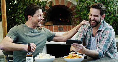 Buy stock photo People, friends and laughing with phone in backyard for sports game, streaming and football victory. Men, mobile and watching competition, world cup match and team celebration for soccer achievement 