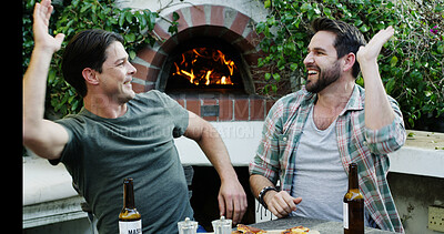 Buy stock photo People, friends and high five with smile outdoor for support, celebration and reunion for lunch. Happy, men and bonding with alcohol dinks, hangout success and pizza for social gathering in backyard