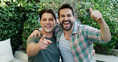 Buy stock photo Happy men, portrait and friends with celebration for bonding, social gathering or get together. Excited, male people or smile with thumbs up or pointing for friendship or entertainment in garden