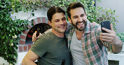 Buy stock photo Selfie, men and friends in garden, smile and hug with profile picture, party and social media post. Happiness, outdoor or people with weekend break, photography and capture moment with humor or laugh