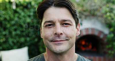 Buy stock photo Outdoor, portrait and man with smile, backyard and positive attitude on break and confident at house. Happy, homeowner and person with pride on weekend, home and fresh air on holiday in Canada