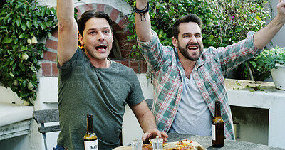 Buy stock photo Pizza, celebration and friends watching football outdoor in backyard for sports tournament. Shout, cheering and male people streaming soccer with food and beer for winning match at home in summer.