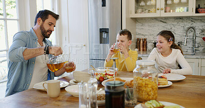 Buy stock photo Breakfast, juice and smile with happy family in dining room for meal, nutrition and together in home. Bonding, drink and food with father, son and daughter in apartment for diet, health or hunger