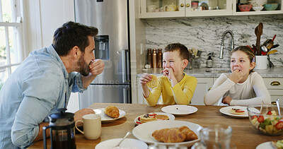 Buy stock photo Breakfast, eating and smile with happy family in dining room for meal, nutrition and together in home. Bonding, drink and juice with father, son and daughter in apartment for diet, health or hunger