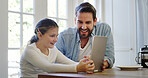 Tablet, child or dad in home with smile for app, laugh together or play educational game on internet. Girl, father and technology in family house for funny meme, online learning or relax with parent
