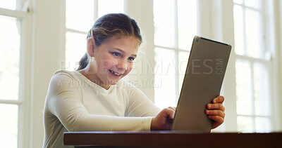 Buy stock photo Smile, girl and child with tablet at house for social media, browsing website and education video. Happy, kid and digital app for elearning, download games and streaming subscription of homeschooling