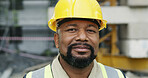 Smile, black man and portrait of construction worker on site for building, maintenance or repairs. Happy, hardhat and mature African male civil manager with confidence for project development.