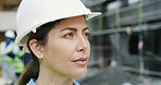 Woman, engineer and thinking with inspection at construction site, helmet or safety check at property. Person, architect or contractor with building project, real estate or urban development in city