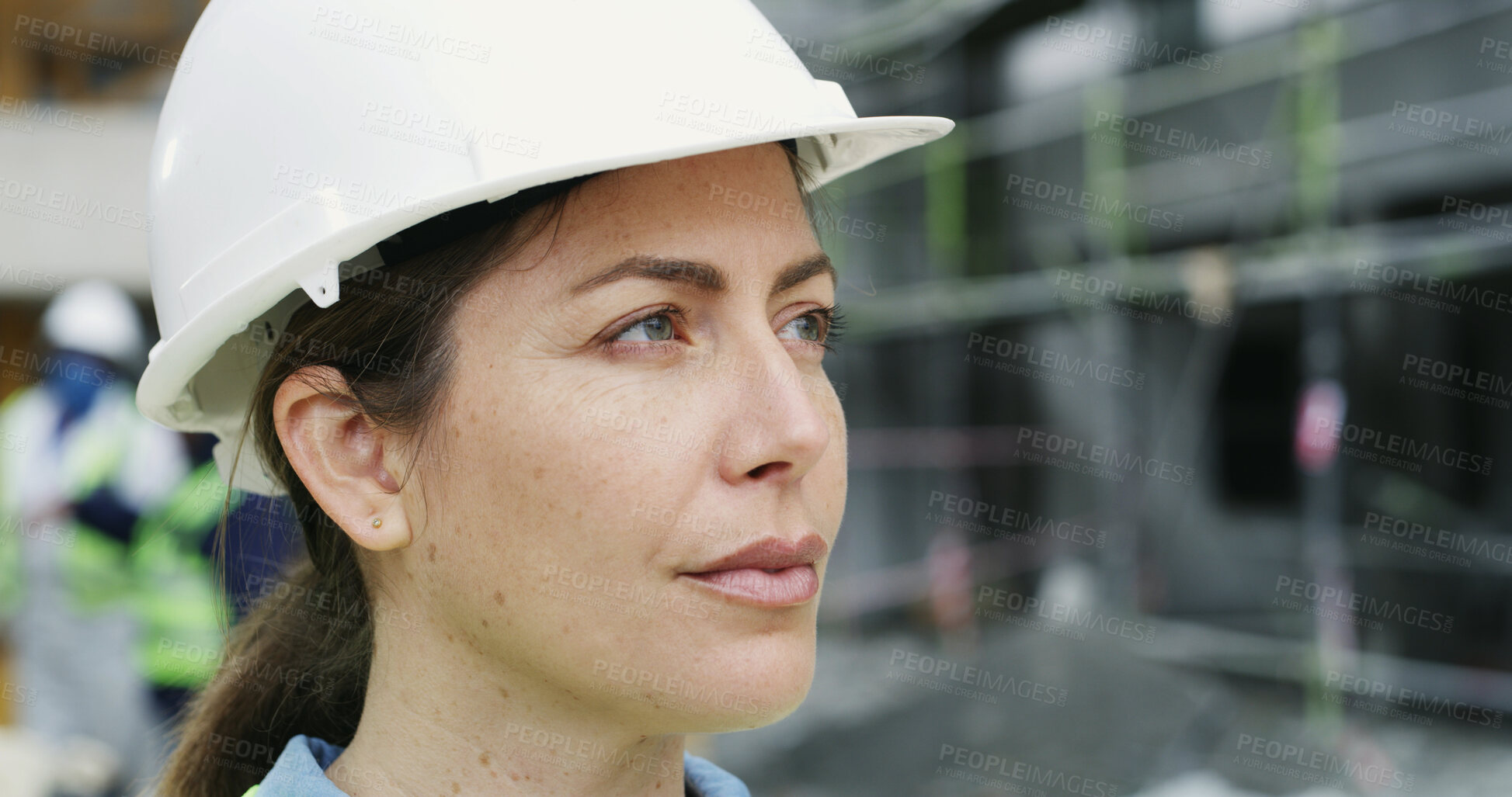 Buy stock photo Woman, engineer and thinking with inspection at construction site, helmet or safety check at property. Person, architect or contractor with building project, real estate or urban development in city
