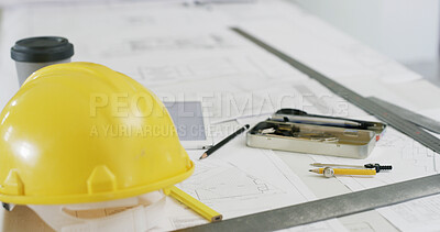 Buy stock photo Architecture, blueprint and helmet for renovation project, building design and planning. Safety, scale and ruler with drawing equipment at construction site for floor plan and development process