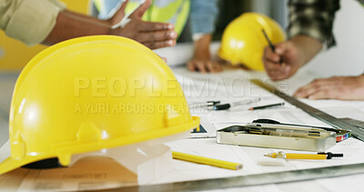Buy stock photo Architecture, blueprint and hands with drawing and helmet for renovation project, building design or meeting. Safety, scale and ruler with people at construction site for floor plan or development