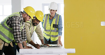 Buy stock photo Architecture, blueprint and team drawing for renovation project, building design and planning. Engineer, people and sketch at construction site for floor plan, collaboration and development process