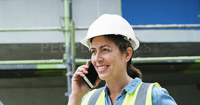 Buy stock photo Phone call, construction site and happy woman with urban development, inspection and schedule. Worker, inspector and person with helmet, cellphone or digital app for chatting or maintenance checklist