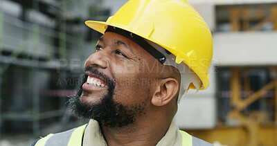 Buy stock photo Construction, thinking and black man outdoor for building project, infrastructure and planning. Civil engineer, contractor and person with helmet, inspiration and ideas for renovation or inspection
