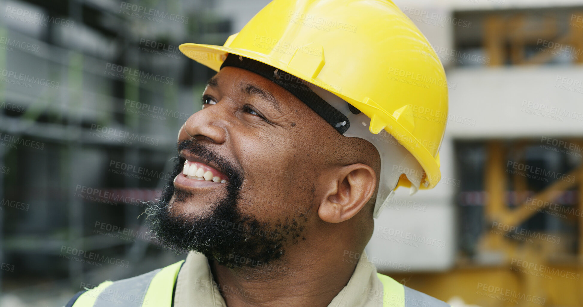 Buy stock photo Construction, thinking and black man outdoor for building project, infrastructure and planning. Civil engineer, contractor and person with helmet, inspiration and ideas for renovation or inspection