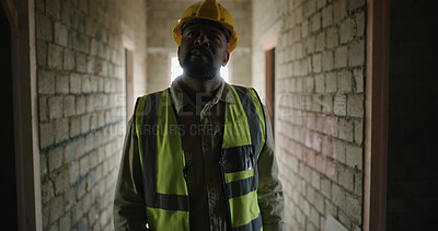 Buy stock photo Construction site, thinking and man with safety, walking or maintenance with planning. Relax, person or inspection with contemplation, urban development or solution with problem solving or choice