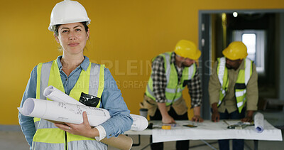Buy stock photo Portrait, civil engineer and woman with blueprint, site and confident with documents for renovation. Architecture, floor plan and person with pride for property development, real estate and paperwork