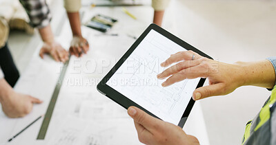 Buy stock photo Architecture, blueprint and hands with tablet screen for renovation project, building design and planning. Tech, people and meeting with document at construction site for floor plan and development