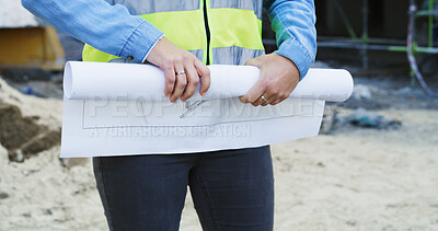 Buy stock photo Hands, blueprints and woman with construction site, architecture and inspection for project. Closeup, person and worker with documents, engineering or urban development with floor plan or real estate