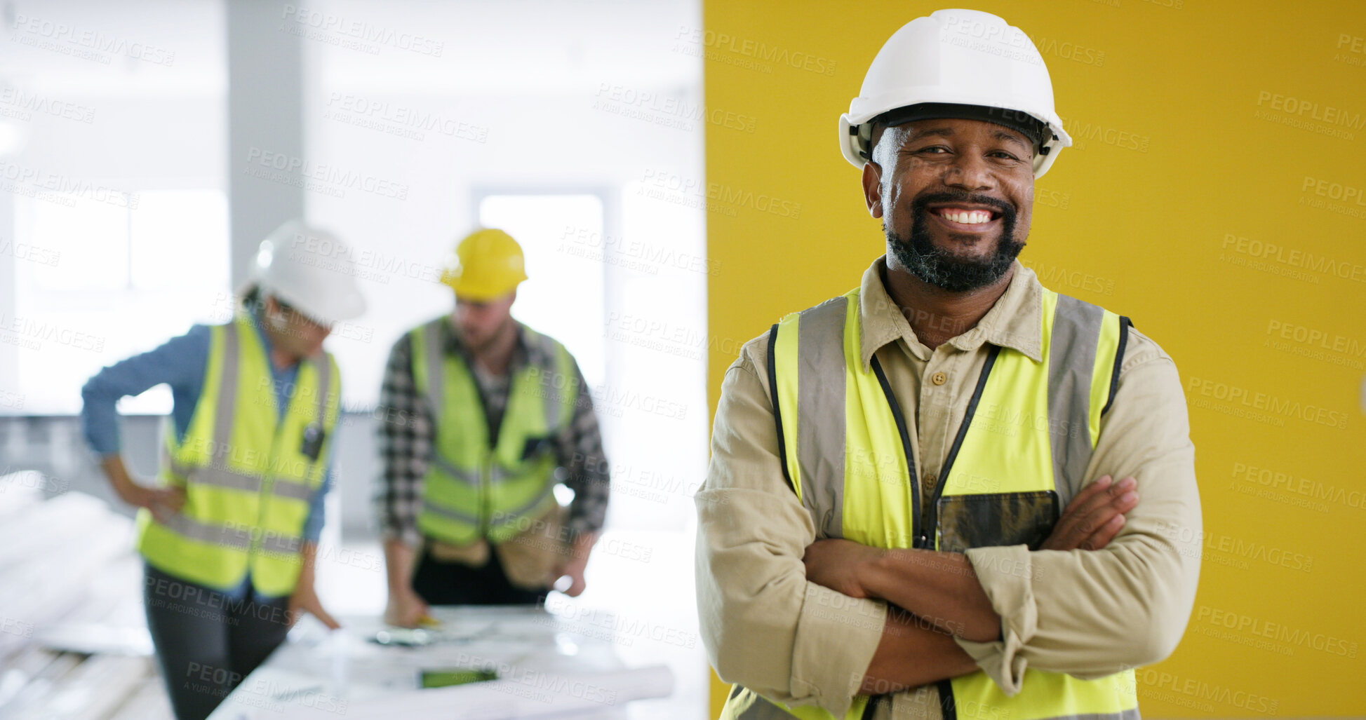 Buy stock photo Portrait, architecture or black man with arms crossed, residential property development or maintenance. Happy, mature and contractor with confidence for renovation, planning and building remodeling