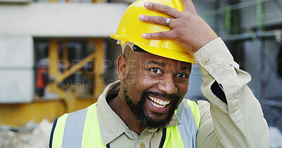 Buy stock photo Construction, excited and portrait of black man with helmet for infrastructure, building project and safety. Civil engineering, outdoor and person with ppe for protection, contractor and renovation