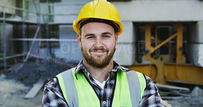 Buy stock photo Smile, man and portrait of construction worker on site for building, maintenance or repairs on infrastructure. Happy, hardhat and male civil manager with confidence for project development in London.