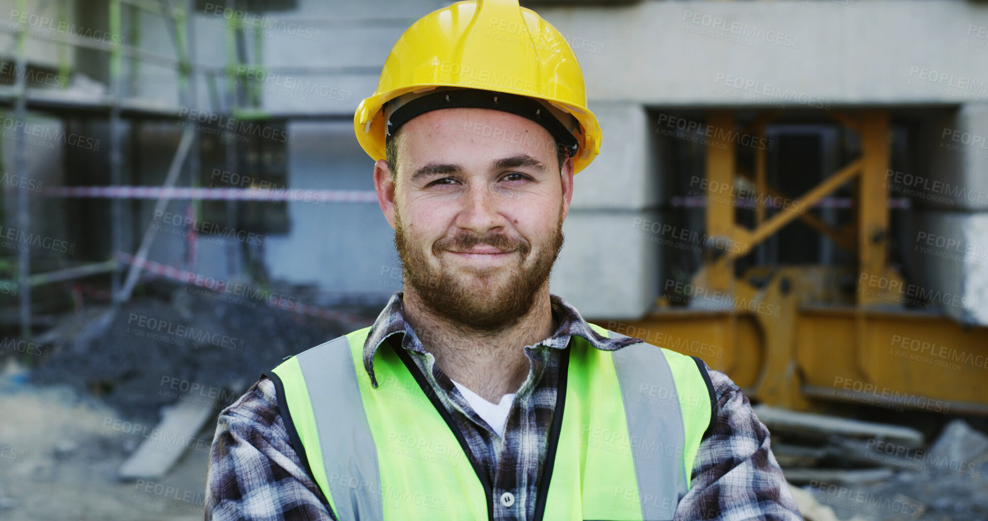 Buy stock photo Smile, man and portrait of construction worker on site for building, maintenance or repairs on infrastructure. Happy, hardhat and male civil manager with confidence for project development in London.