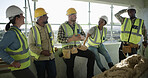 Construction site, break and happy people with conversation, architecture and joke with real estate. Group, teamwork and men with women, laughing and relax with discussion, engineering and renovation