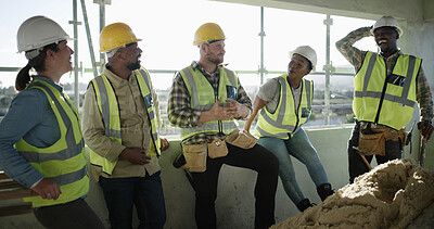 Buy stock photo Construction site, break and happy people with conversation, architecture and joke with real estate. Group, teamwork and men with women, laughing and relax with discussion, engineering and renovation