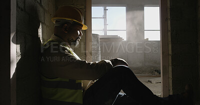 Buy stock photo Construction site, planning and man with safety, break or maintenance with decision. Relax, mature person or employee with contemplation, urban development or solution with choice and problem solving