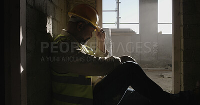 Buy stock photo Construction site, thinking or man with safety, sad or overwhelmed with maintenance. Break, person or inspection with urban development, delay or engineer with fatigue or pressure to finish project