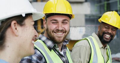 Buy stock photo Meeting, industry and team of construction employees with laughing for project management. Happy, discussion and group of civil engineers planning for building, inspection or repairs on site. 