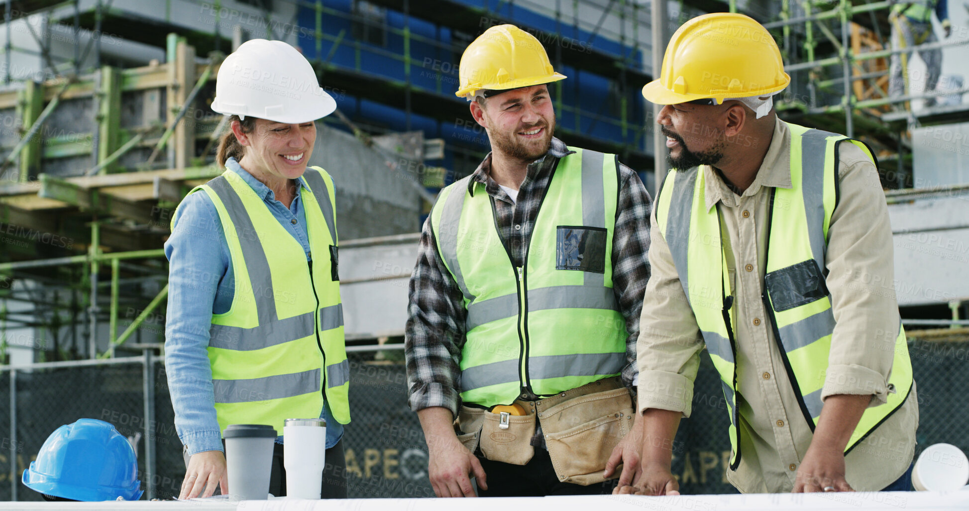 Buy stock photo Discussion, blueprint and construction employees on site with collaboration for infrastructure project. Meeting, paperwork and team of civil engineers with foreman for planning building maintenance.