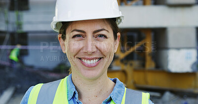 Buy stock photo Smile, woman and portrait of construction worker on site for building, maintenance or repairs on infrastructure Happy, hardhat and female civil manager with confidence for project development.