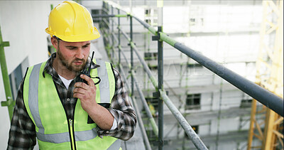 Buy stock photo Radio, discussion or man outdoor for construction, plan or instruction in project management. Architecture, ppe or supervisor with tech, infrastructure progress or communication in site inspection.