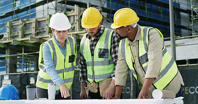 Buy stock photo Discussion, blueprint and civil engineers on site with collaboration for infrastructure project. Meeting, paperwork and team of construction employees with foreman for planning building maintenance.