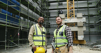 Buy stock photo Construction site, planning and men for building project, infrastructure and maintenance. Civil engineer, contractor team and workers with ppe for renovation, inspection and property development