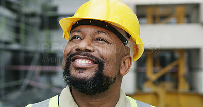 Buy stock photo Thinking, black man and architect with smile outdoor for vision, site inspection and building design. Happy, mature person and reflection on property development, renovation and expansion opportunity
