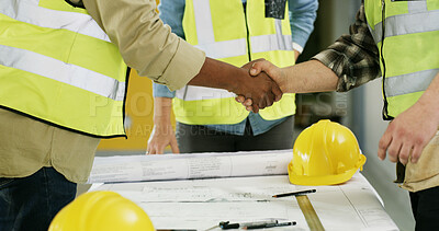 Buy stock photo Architecture, blueprint and handshake for renovation project, building design and planning. People, scale and equipment shaking hands at construction site for floor plan, deal and development process
