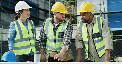 Buy stock photo Discussion, blueprint and team of construction employees on site with collaboration for infrastructure project. Meeting, paperwork and civil engineers with foreman for planning building maintenance.