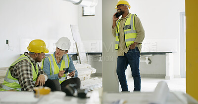 Buy stock photo Man, phone call and construction site with team for urban development, inspection and contact. People, employees and tech with group, smartphone and chatting with schedule for architecture project
