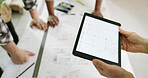Architecture, blueprint and hands with tablet screen for project, renovation design and building planning. Tech, people and meeting with document at construction site for floor plan and development
